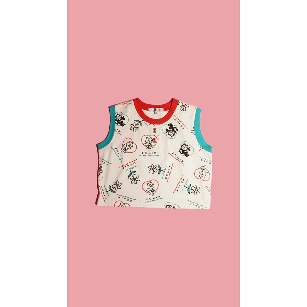 1990 FELIX THE CAT and Kitty Kat Floral. Cropped Tank Top. XS. As Is